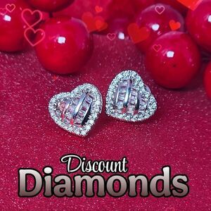 Clear White Baguette Heart Shaped Diamond Earrings on 925 Sterling Silver
